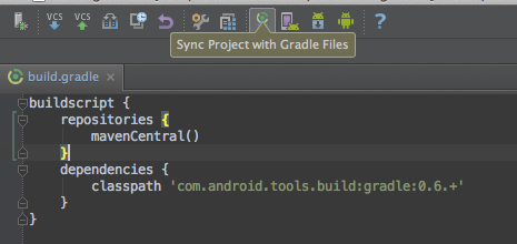 Click this icon to tell Android Studio download the newly specified dependency Sync gradle config files